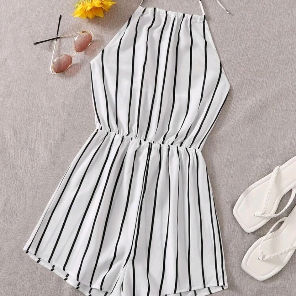 Self Tie Striped Halter Romper